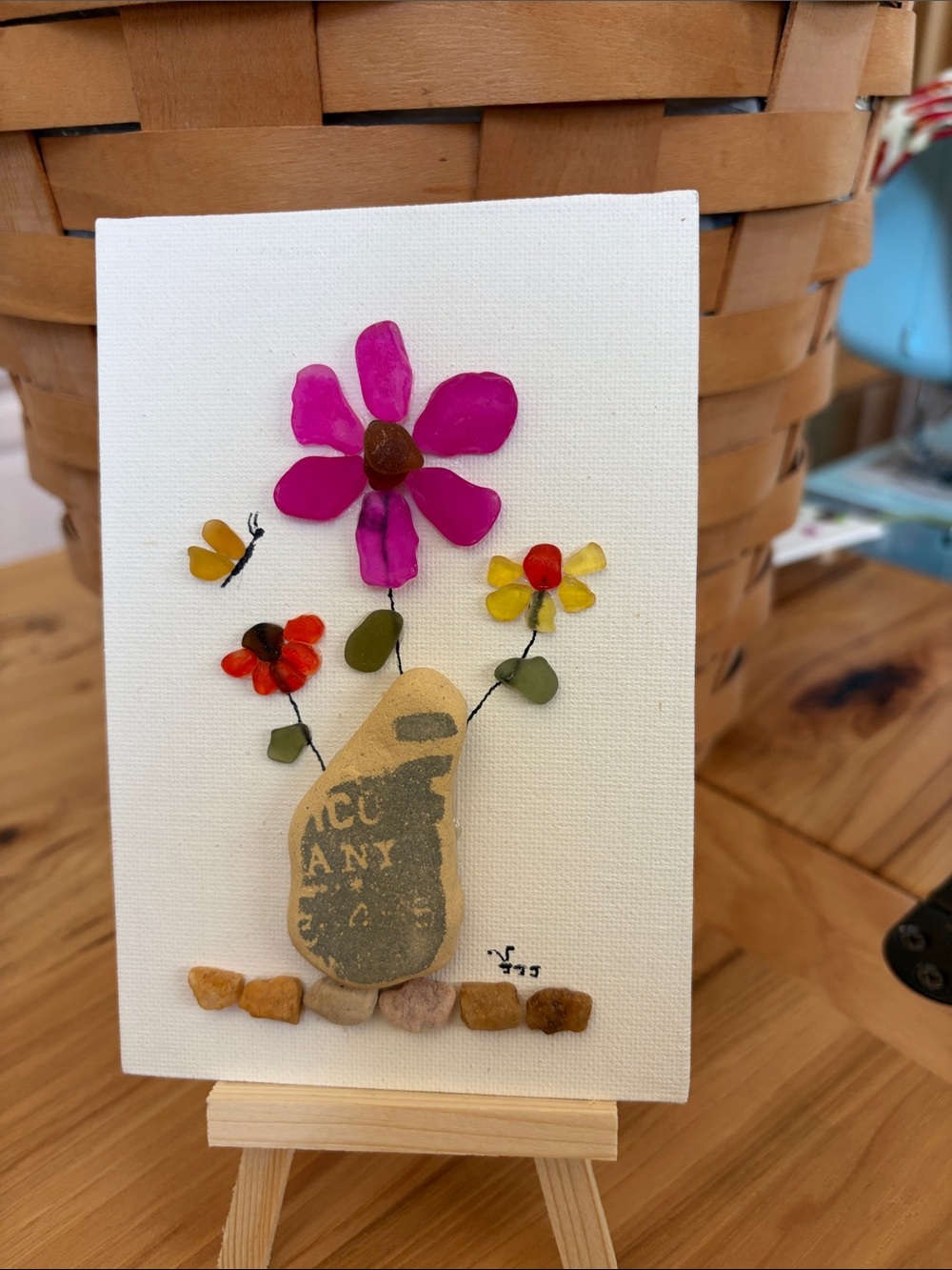 Handmade Seaglass & Pebble Flower Art - Pink, Yellow, Orange